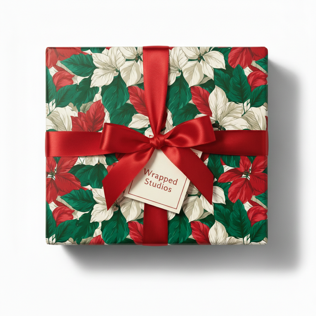 Elegant Christmas gift wrapped in red and white poinsettia floral wrapping paper with a satin ribbon.