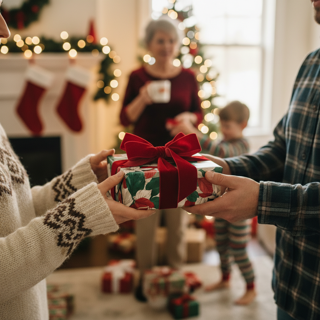 Christmas gift exchange featuring floral wrapping paper, a red velvet bow, and a happy family in the background.