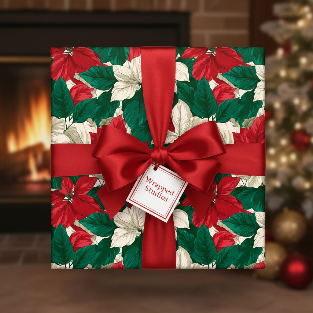 Square gift wrapped in floral poinsettia Christmas wrapping paper with red satin bow and tag.