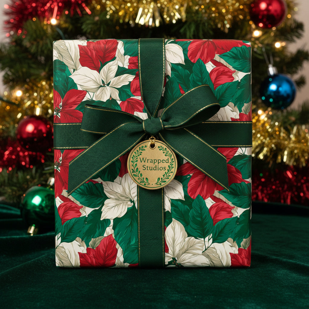 Elegant Christmas gift wrapped in poinsettia floral wrapping paper with green ribbon and bow.