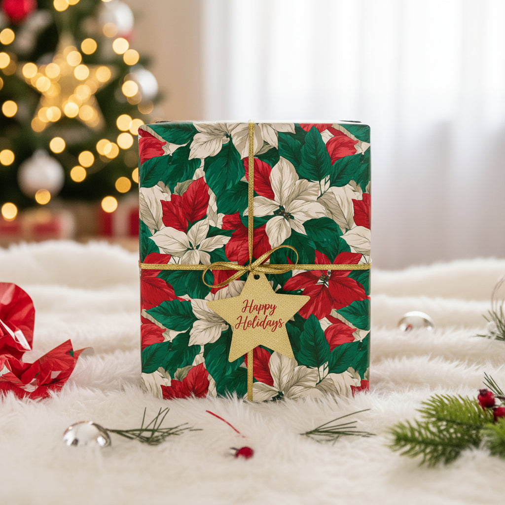 Christmas gift wrapped in festive poinsettia floral wrapping paper with a gold star "Happy Holidays" tag.