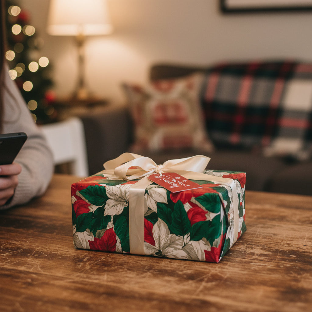 Wrapped gift with floral Christmas wrapping paper and satin ribbon on wooden table.