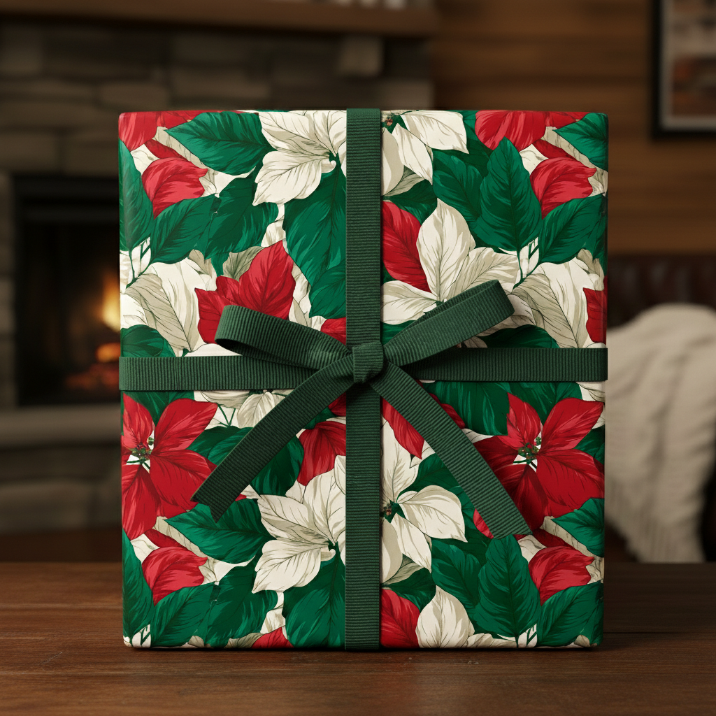 Elegant Christmas gift wrapped in floral poinsettia paper with a dark green ribbon on a wooden table.