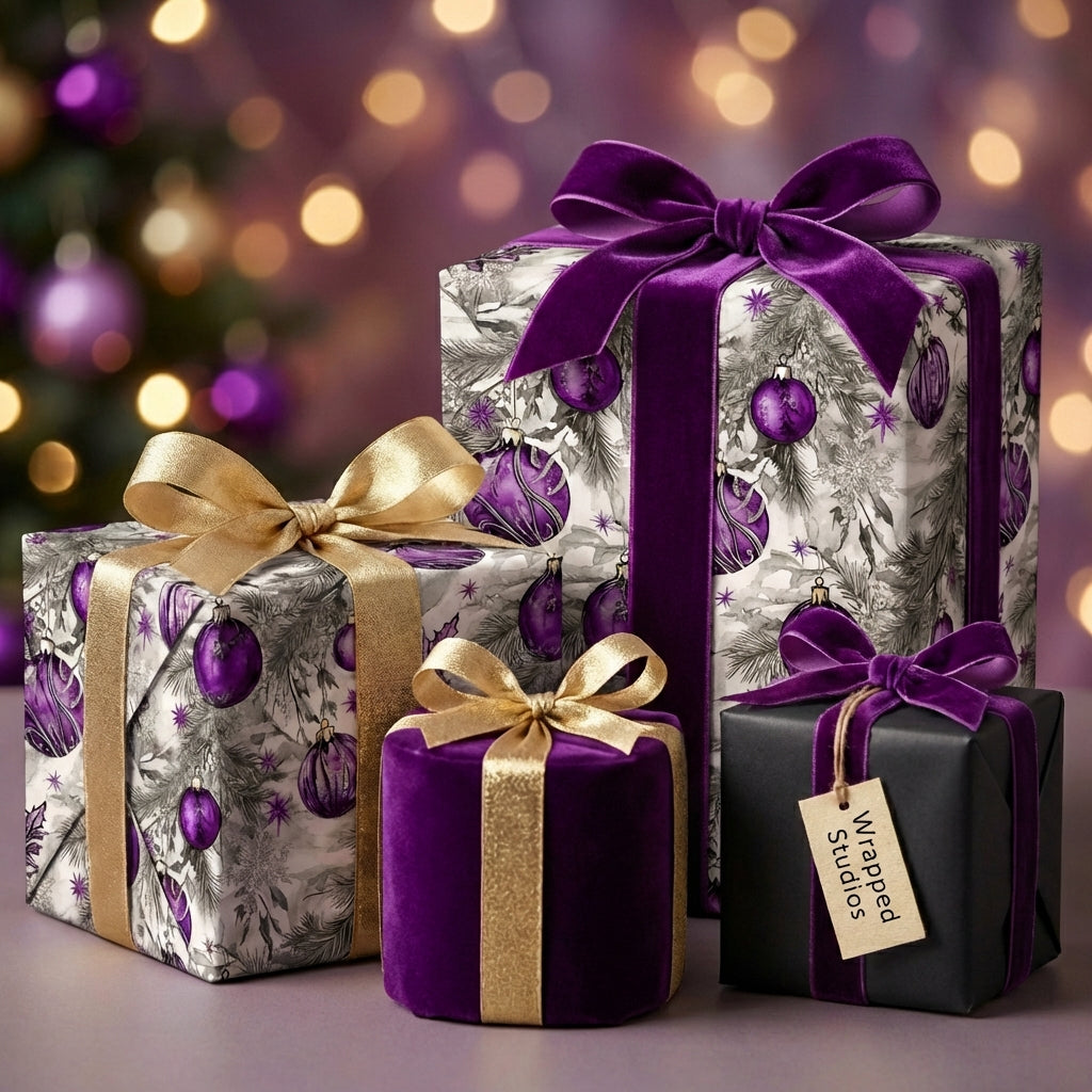 Elegant Christmas gift wrap featuring purple ornaments and velvet ribbon. Wrapped Studios.
