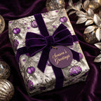 Elegant Christmas gift wrap with purple velvet ribbon and ornament pattern. Season's Greetings tag.