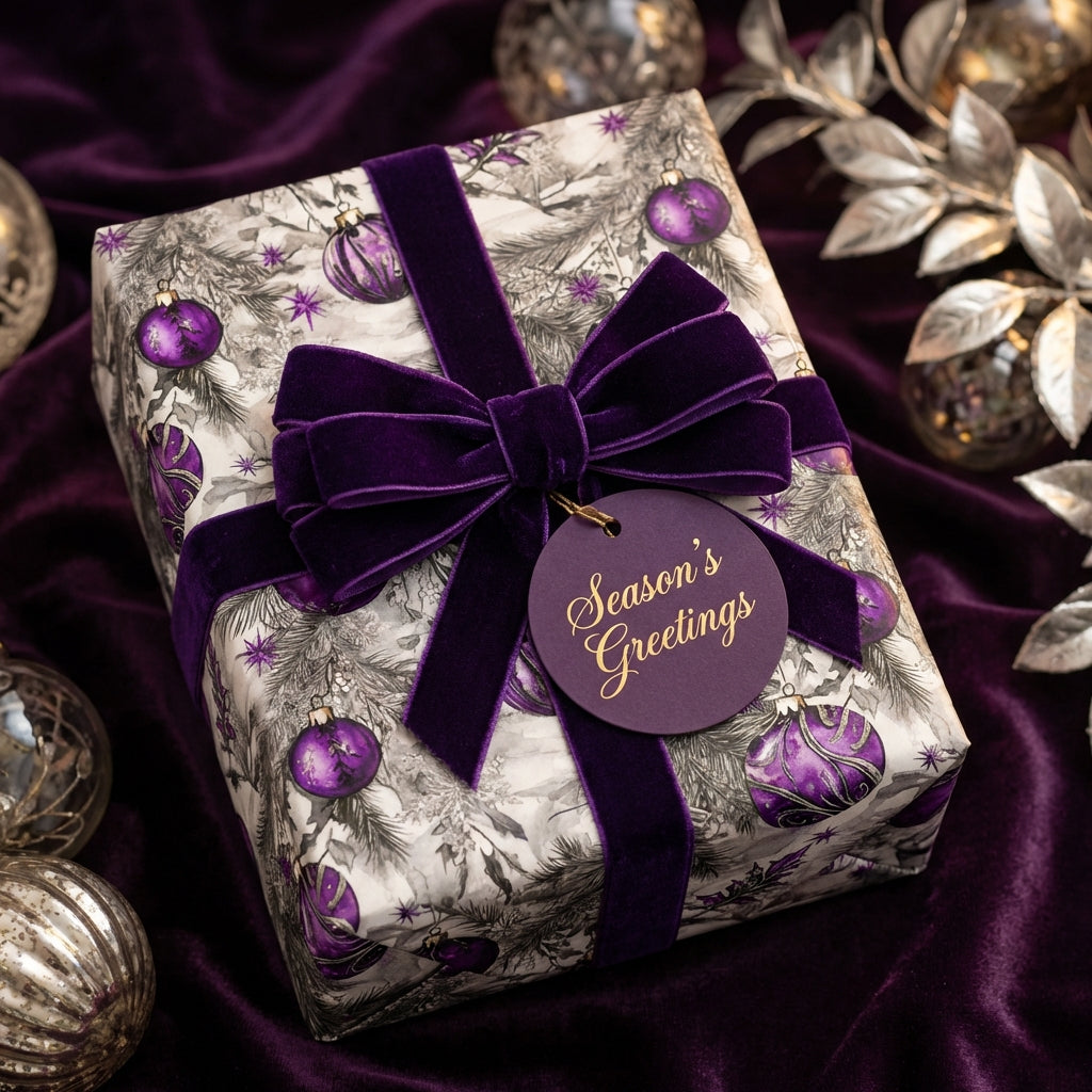 Elegant Christmas gift wrap with purple velvet ribbon and ornament pattern. Season's Greetings tag.