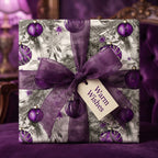 Elegant Christmas gift wrap with purple ornaments, snowflake pattern, and ribbon. "Warm Wishes" tag.