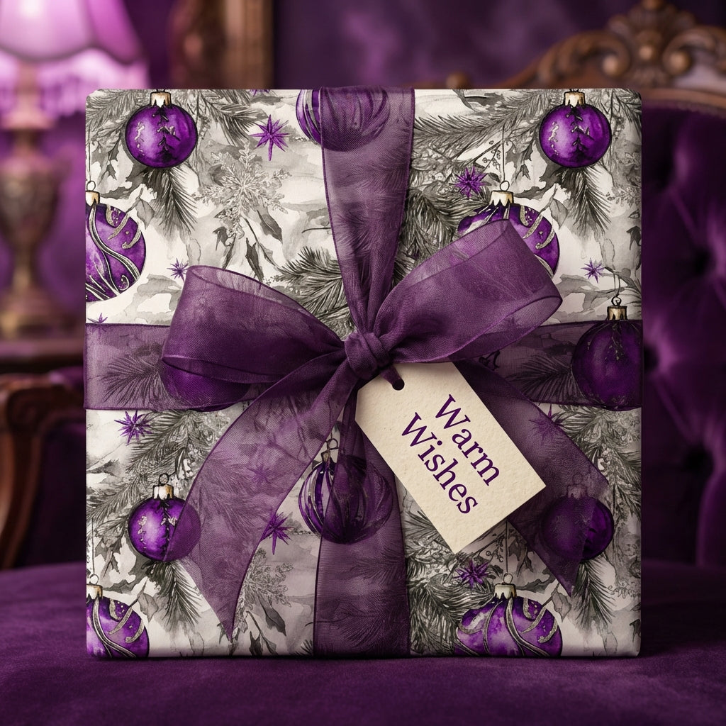 Elegant Christmas gift wrap with purple ornaments, snowflake pattern, and ribbon. "Warm Wishes" tag.