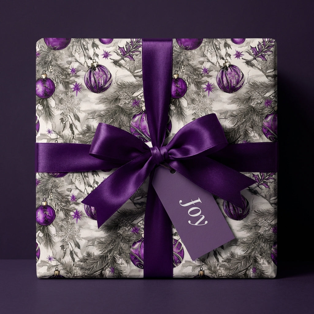 Elegant Christmas gift wrapped in purple ornament wrapping paper with a satin bow.