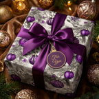 Elegant Christmas gift wrapped in purple ornament paper with satin bow and "For You" tag.