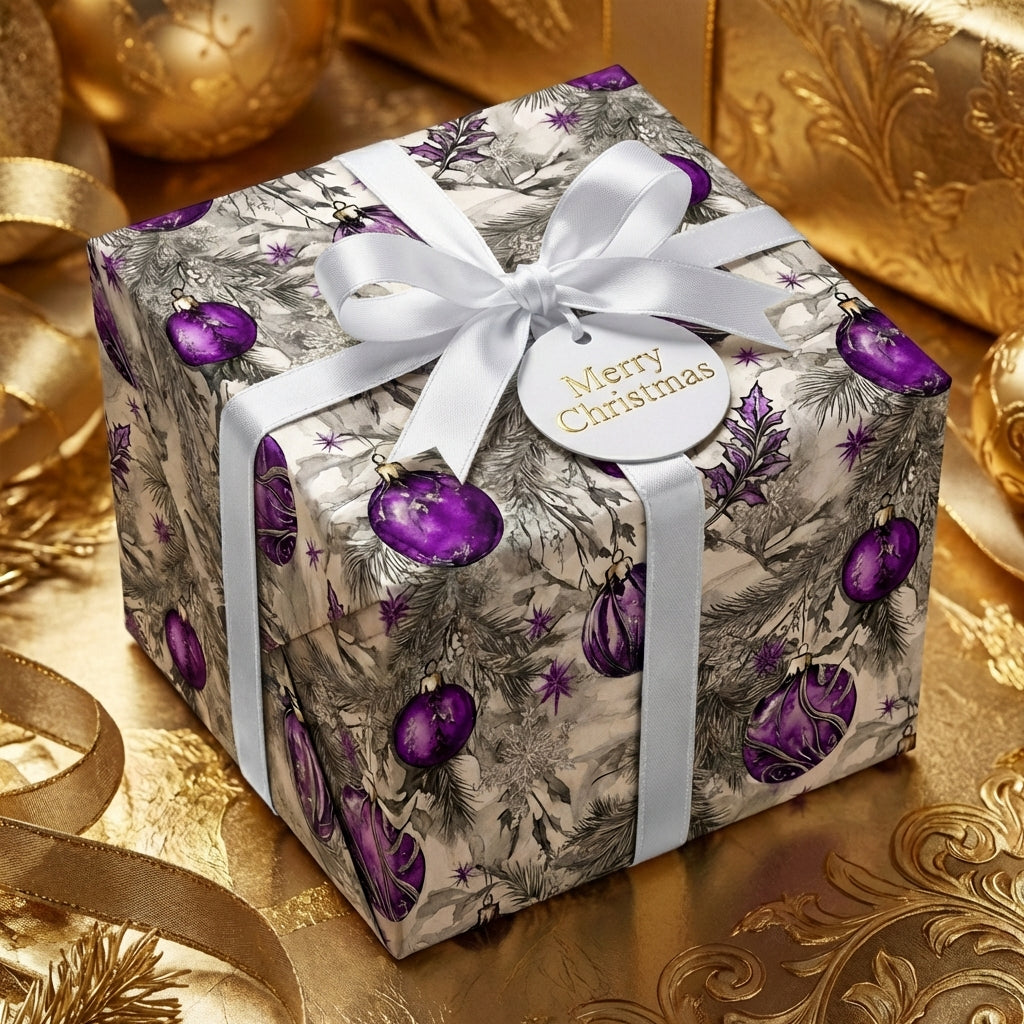 Elegant Christmas gift wrap featuring purple ornament pattern, tied with a white ribbon.