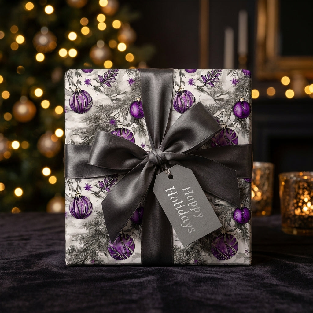 Elegant Christmas gift wrapped in purple ornament wrapping paper with a gray satin bow and "Happy Holidays" tag.