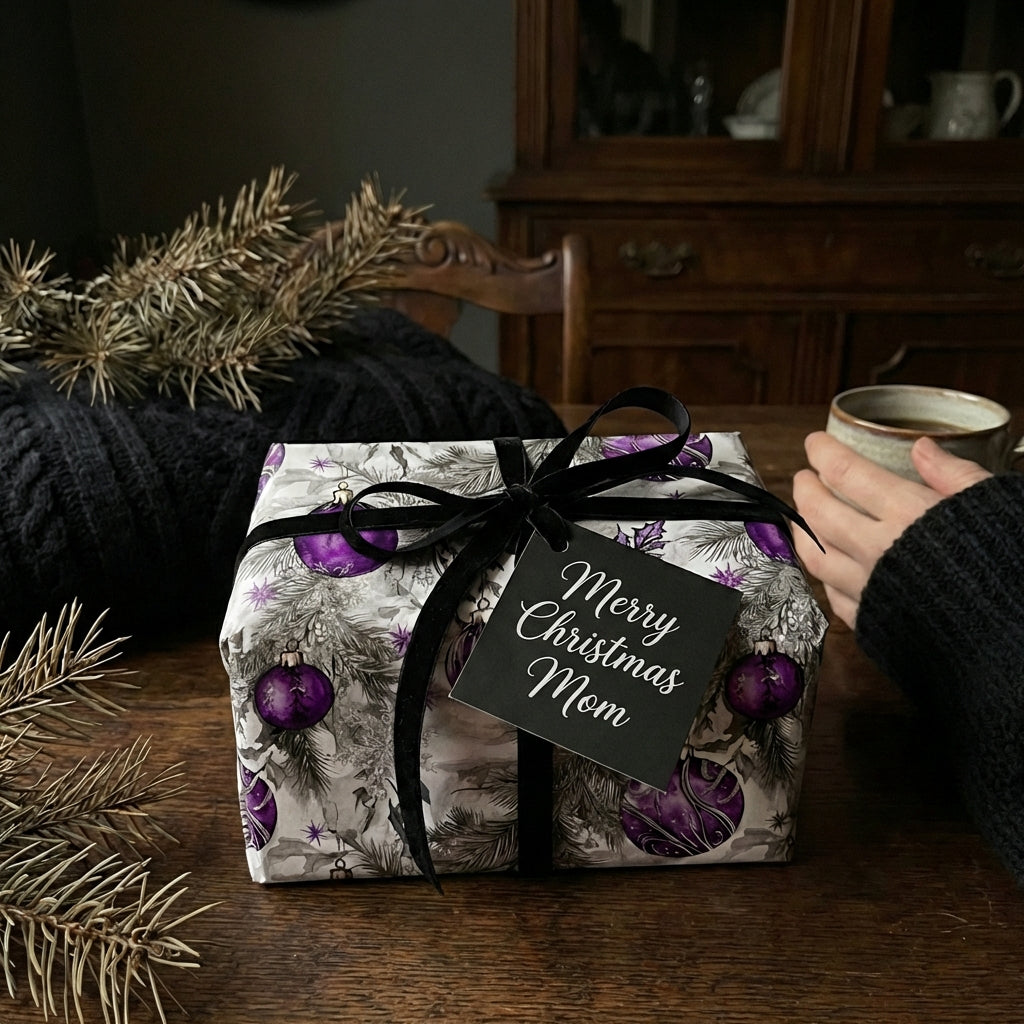 "Merry Christmas Mom" gift wrapped in vintage-style purple ornament Christmas wrapping paper with black velvet ribbon.