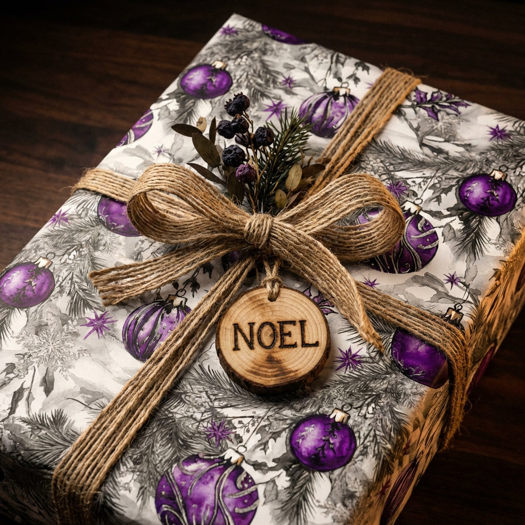Luxury Christmas gift wrap with purple ornaments and a rustic "Noel" tag, tied with a burlap ribbon.