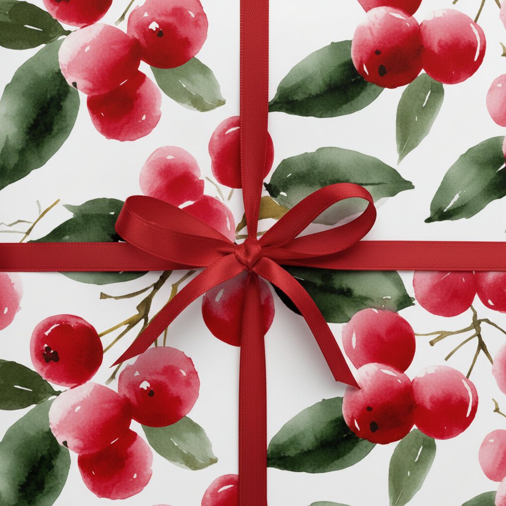 Elegant Christmas gift wrap featuring red watercolor cherries and a matching satin ribbon.