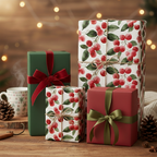 Elegant Christmas gift wrap with red berries, red and green ribbons, pinecones, and a warm, cozy setting.