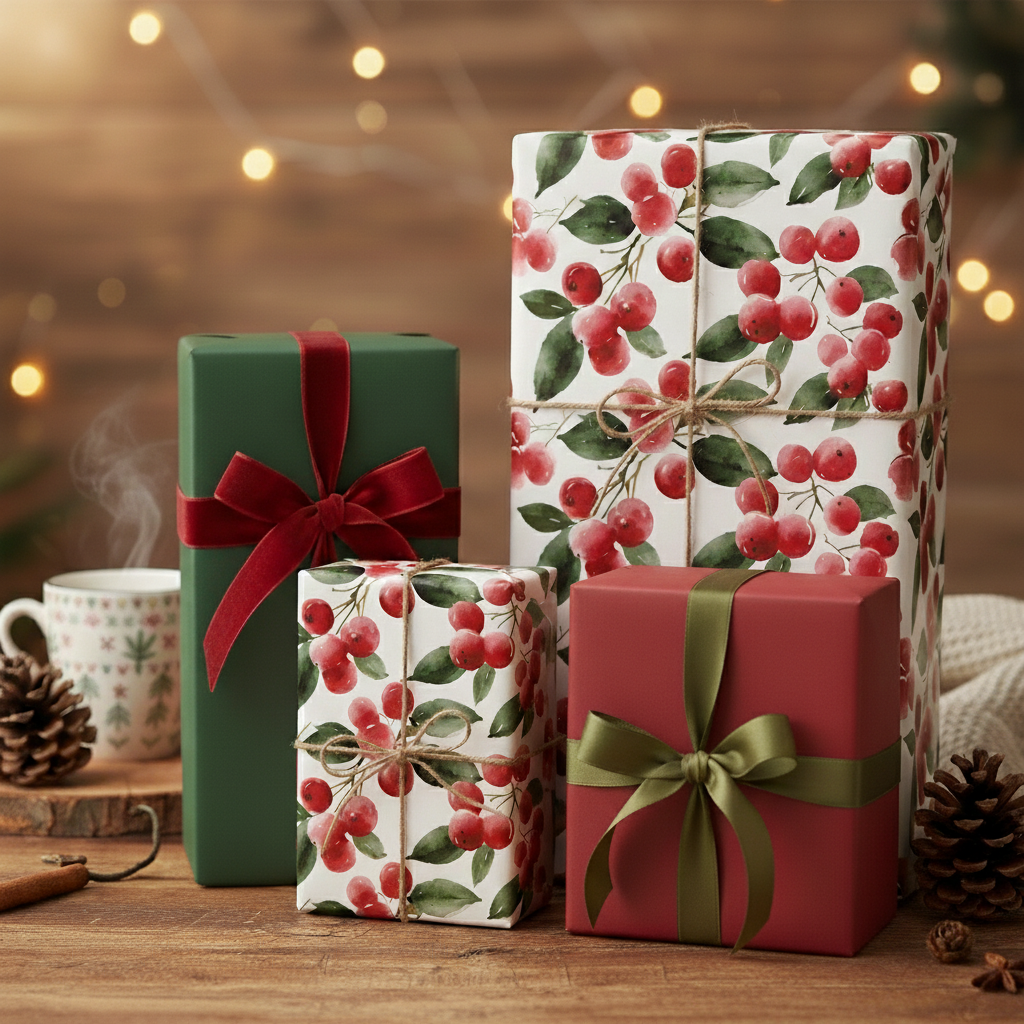 Elegant Christmas gift wrap with red berries, red and green ribbons, pinecones, and a warm, cozy setting.