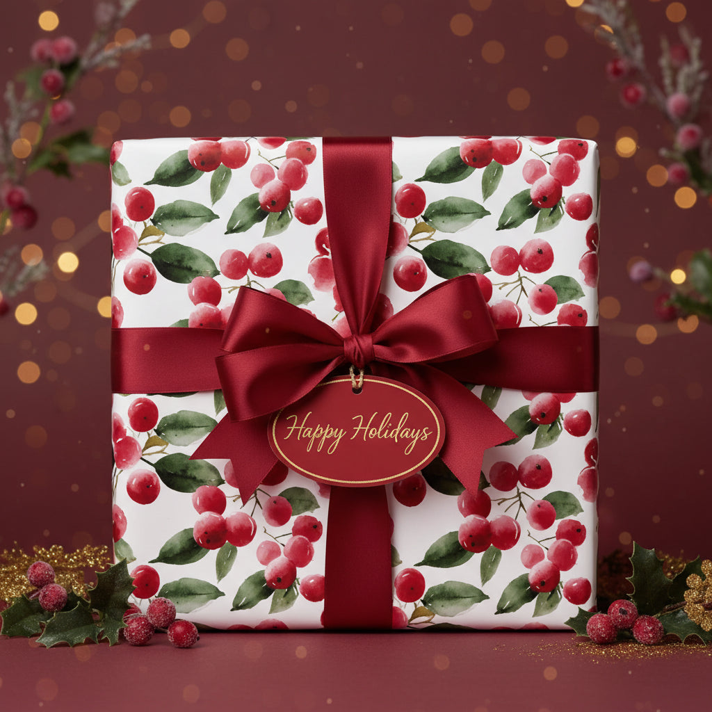 Elegant Christmas gift wrap with a red berry and leaf pattern, tied with a satin ribbon bow, and a "Happy Holidays" tag.