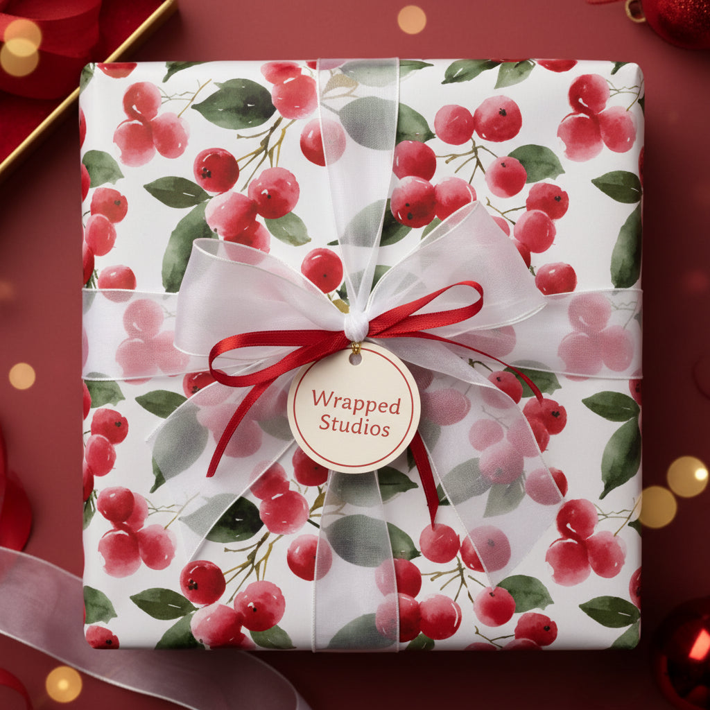 Elegant Christmas gift wrapped in floral berry wrapping paper with a sheer white ribbon and red accents.