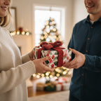 Exchanging a Christmas gift wrapped in floral wrapping paper with a red knitted bow.