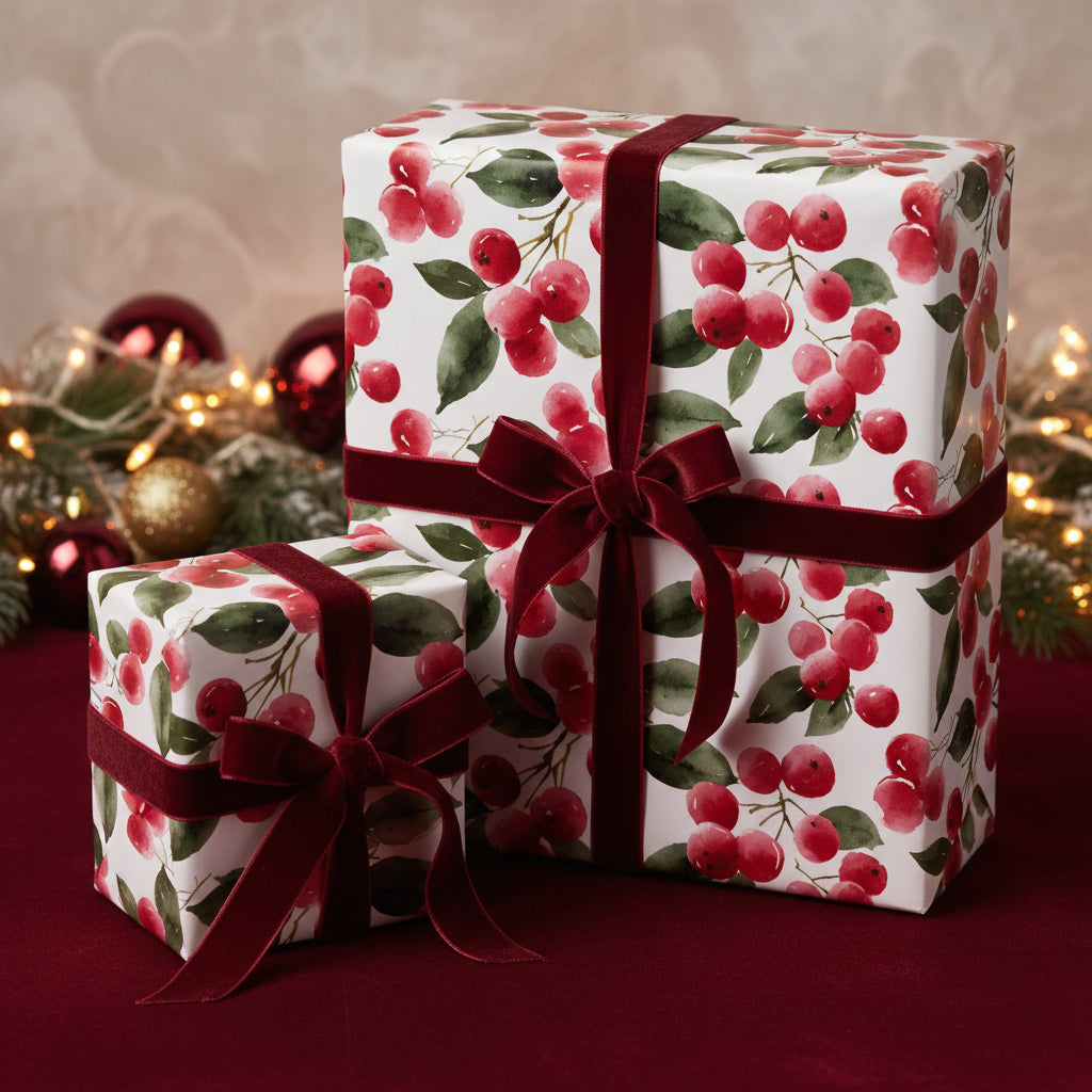Elegant Christmas gift wrap with red velvet ribbon and a watercolor cherry berry design.