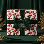 Elegant gift wrapped in floral Christmas wrapping paper with dark green velvet ribbon.