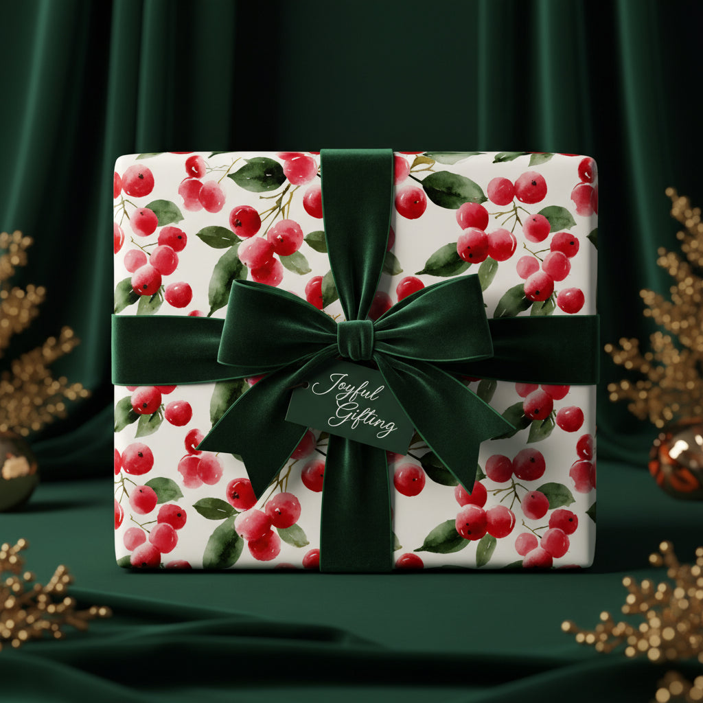 Elegant gift wrapped in floral Christmas wrapping paper with dark green velvet ribbon.