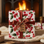 Elegant cherry blossom Christmas gift wrap with a brown ribbon, set against a warm fireplace backdrop.