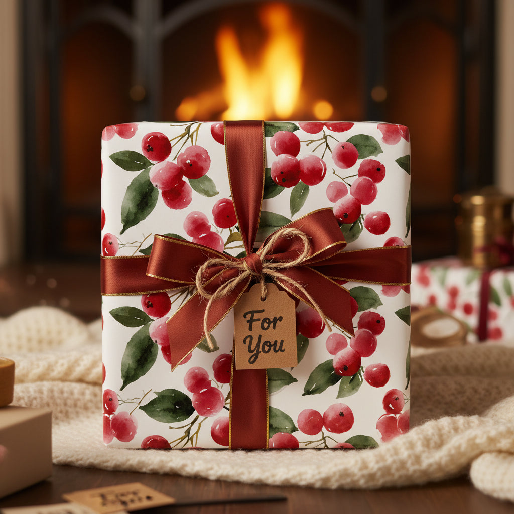 Elegant cherry blossom Christmas gift wrap with a brown ribbon, set against a warm fireplace backdrop.
