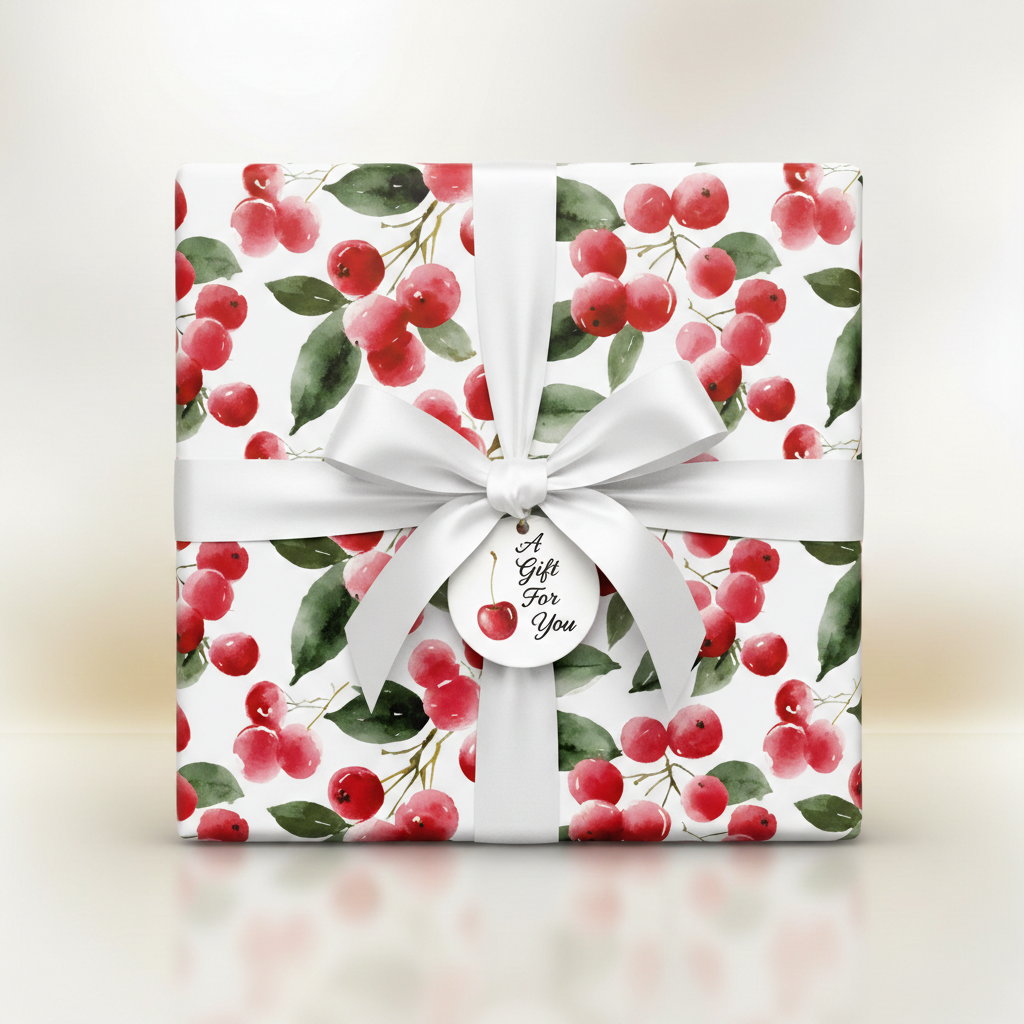 Square gift wrapped in cherry watercolor wrapping paper with white satin ribbon.