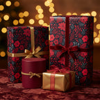 Elegant gifts wrapped in floral Christmas wrapping paper with velvet and gold ribbon.
