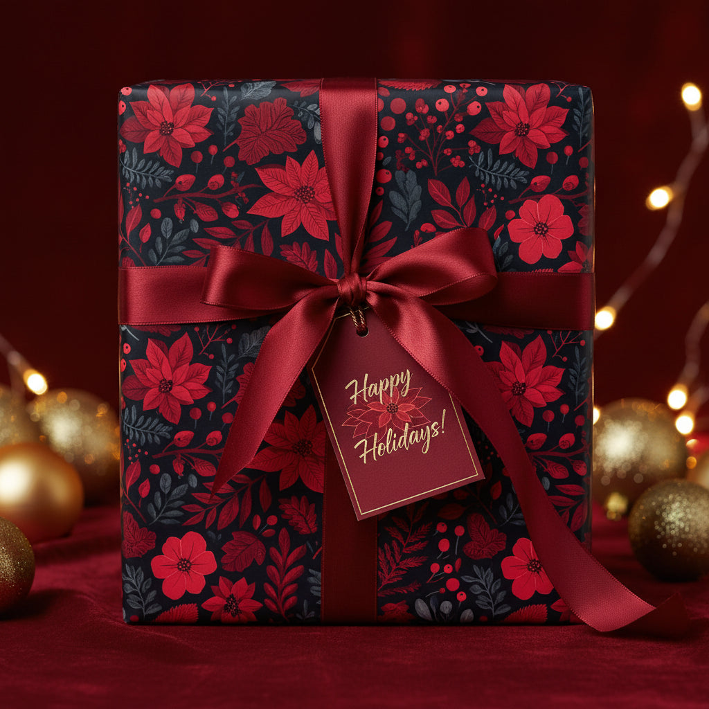 Elegant Christmas gift wrapped in floral wrapping paper with a red ribbon and a tag that says "Happy Holidays!".