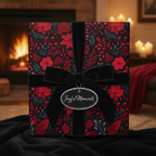 Elegant gift wrapped in dark red floral wrapping paper with black velvet ribbon and "Joyful Moments" tag.
