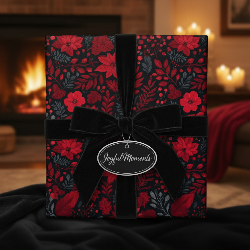 Elegant gift wrapped in dark red floral wrapping paper with black velvet ribbon and "Joyful Moments" tag.