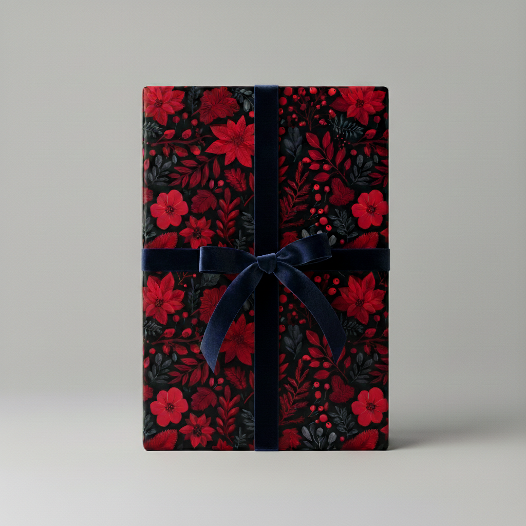 Elegant gift box wrapped in red floral Christmas gift wrap with a dark blue velvet ribbon.