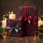 Elegant floral Christmas gift wrap with red poinsettias, dark gray background, and festive holiday decor.