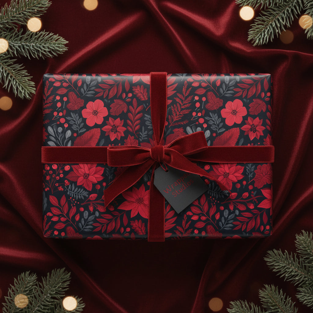 Elegant Christmas gift wrapped in floral wrapping paper with a red velvet bow.