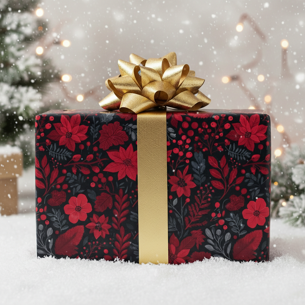 Elegant Christmas gift wrap with a dark floral pattern, gold ribbon, and bow.