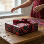Floral wrapping paper on a gift box with a red satin ribbon and decorative tag for birthdays and special occasions.