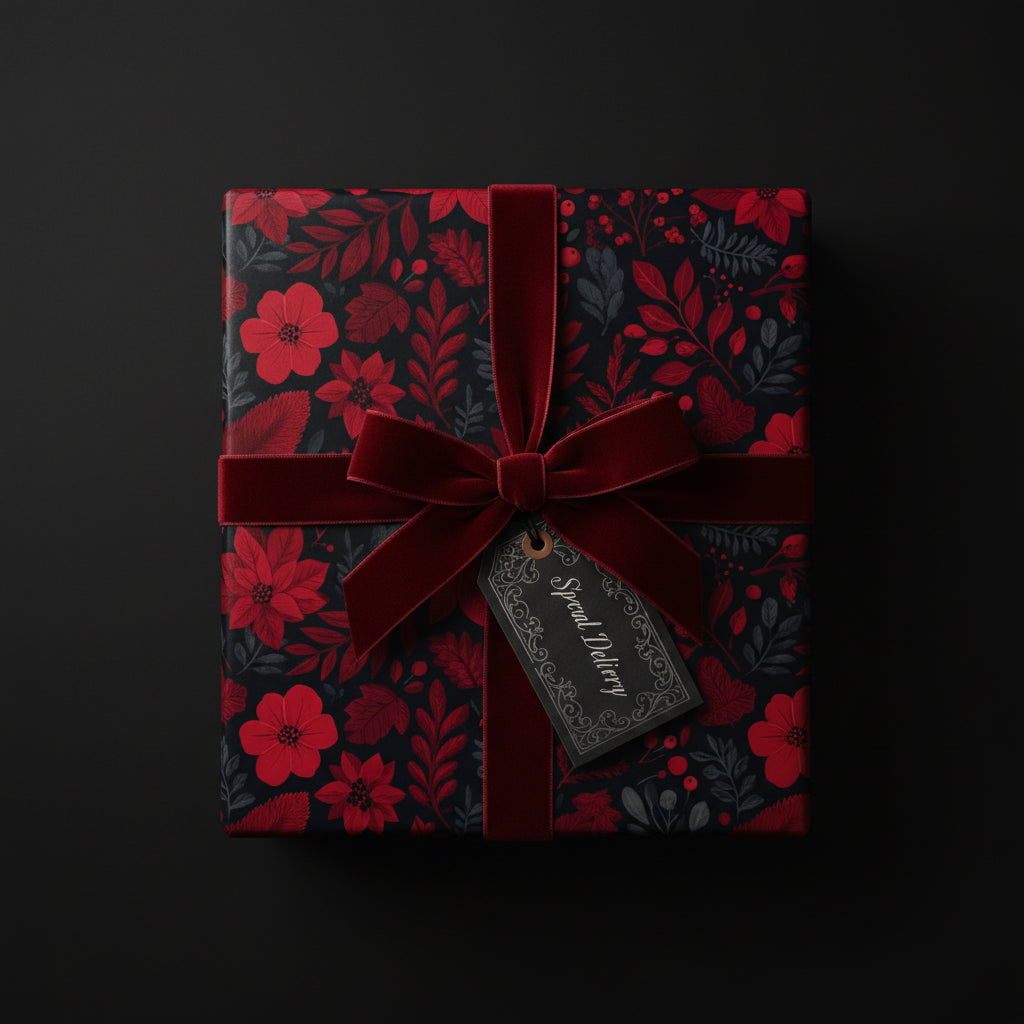 Elegant floral wrapping paper with a red velvet bow and "Special Delivery" gift tag.