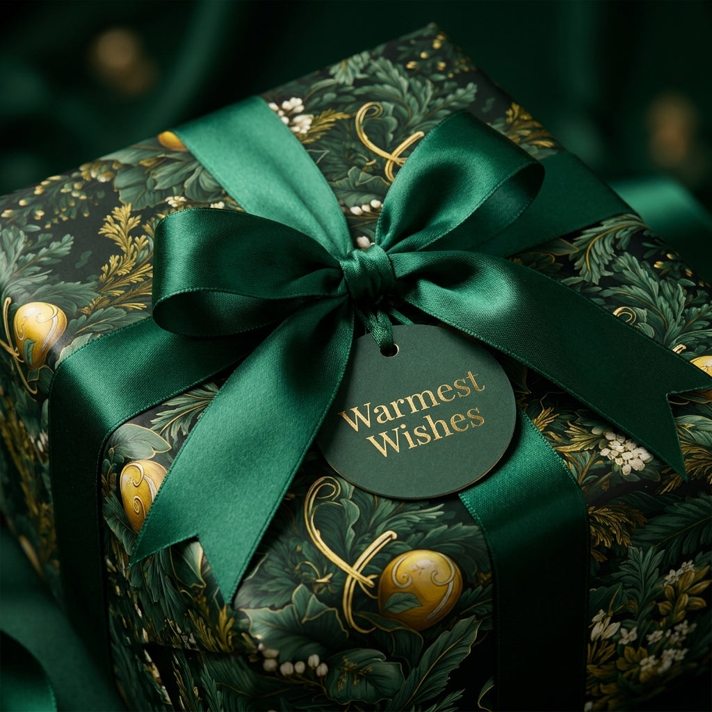 Luxury green botanical Christmas gift wrap with elegant satin ribbon bow by Wrapped Studios.