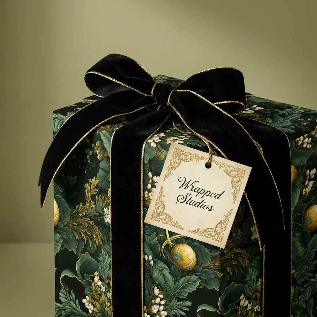 Luxury floral wrapping paper with a black velvet bow and a Wrapped Studios gift tag.