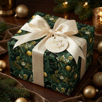 Elegant dark green floral Christmas wrapping paper with cream bow by Wrapped Studios.