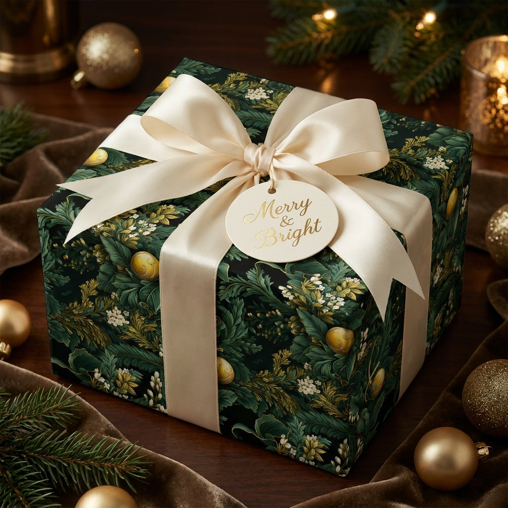 Elegant dark green floral Christmas wrapping paper with cream bow by Wrapped Studios.