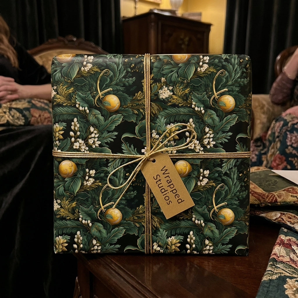 Luxury green Christmas wrapping paper with botanical floral design and gold twine, by Wrapped Studios.