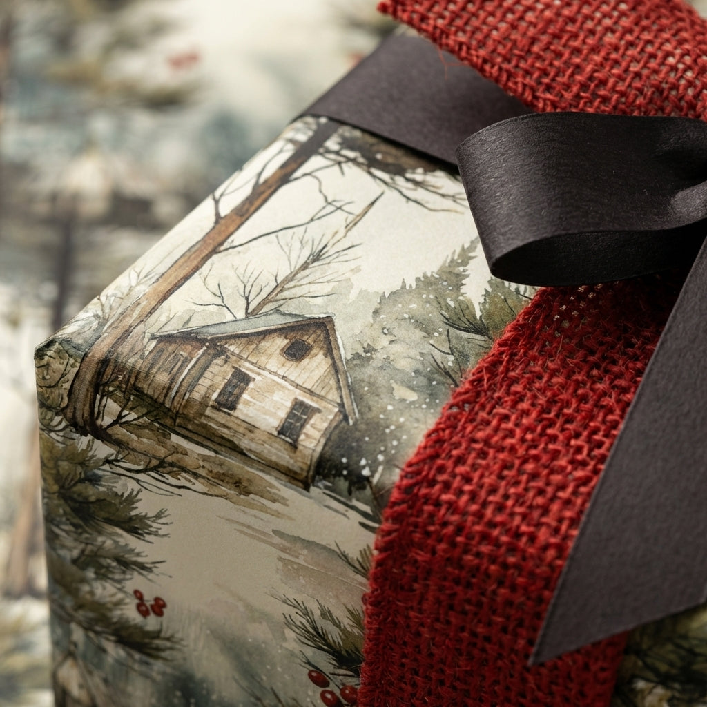 Rustic Christmas gift wrap with watercolor winter cabin, snowy pines, red berries, brown satin bow & burlap ribbon.