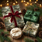 Rustic Christmas wrapping paper with snowy cabins, red berries, dark green gift, and velvet bow.