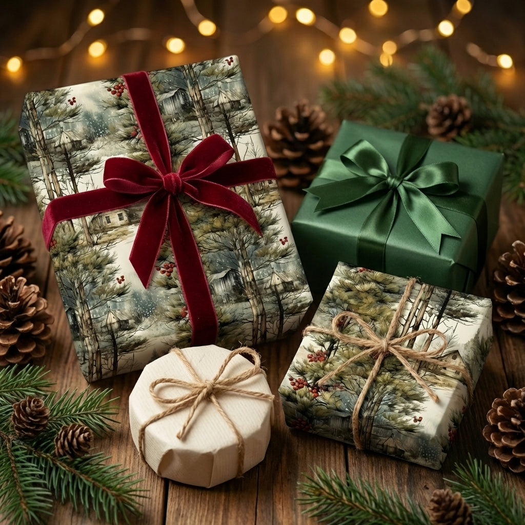 Rustic Christmas wrapping paper with snowy cabins, red berries, dark green gift, and velvet bow.