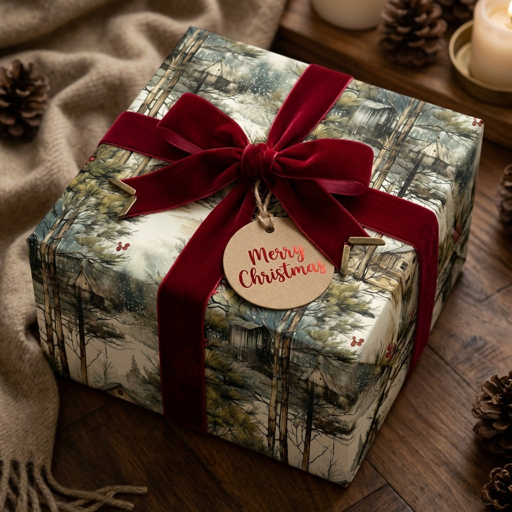 Luxury rustic Christmas wrapping paper with snowy cabins, red velvet bow, & Merry Christmas tag by Wrapped Studios.