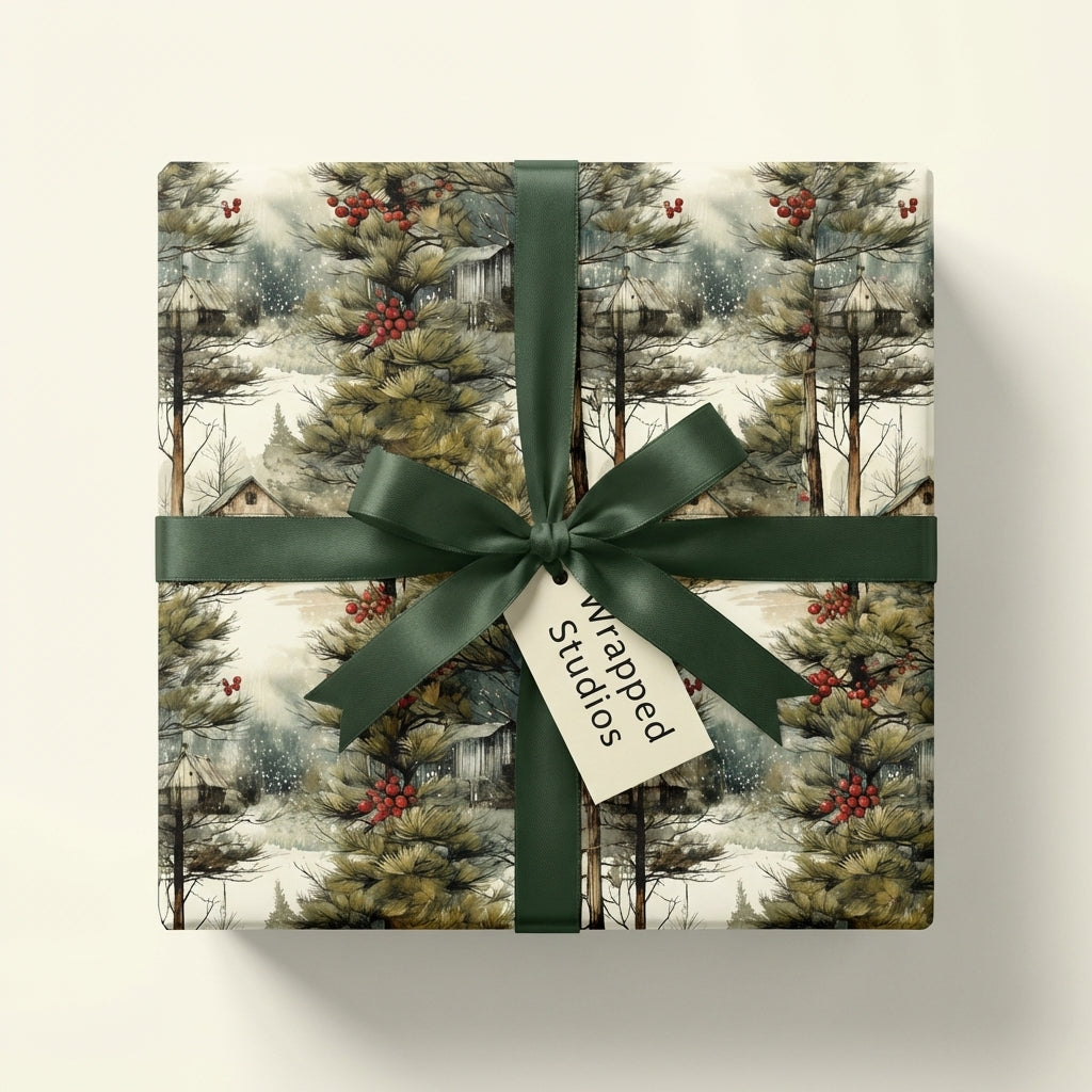 Vintage winter wonderland wrapping paper: snowy forest, rustic cabins, red berries. Dark green ribbon by Wrapped Studios.